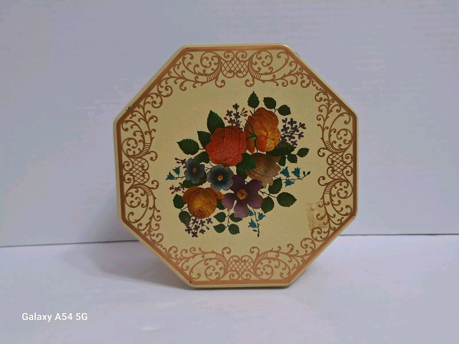 Vintage Octagon Floral Tin Gold Scroll Work Cream Color Made in England 