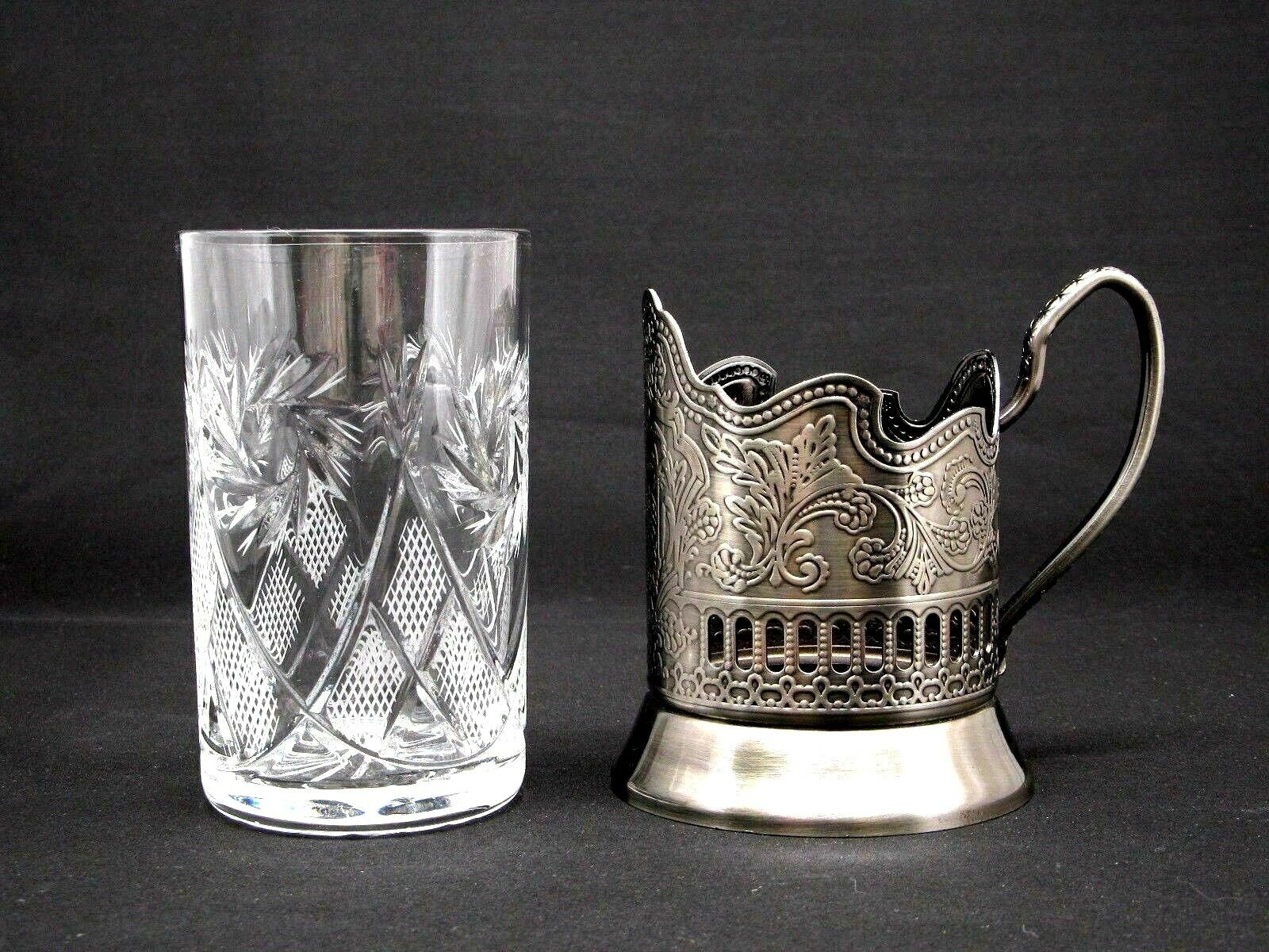 Russian Tea Glass Holder Podstakannik with 8.5 oz Soviet Cut Crystal Glassware