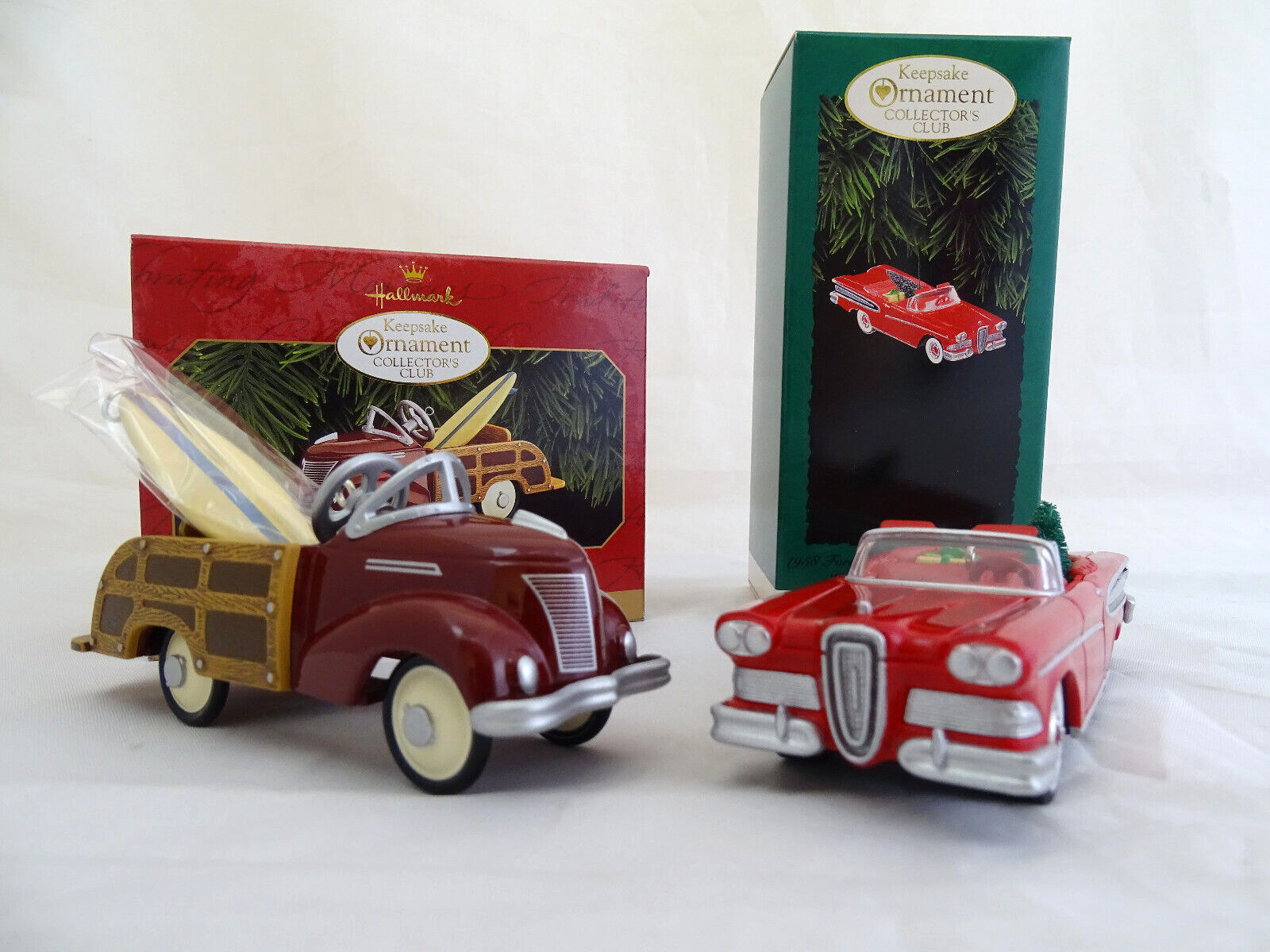 Set of 2 Hallmark Ornaments / 1939 GARTON Ford Station Wagon and 1958 Ford Car