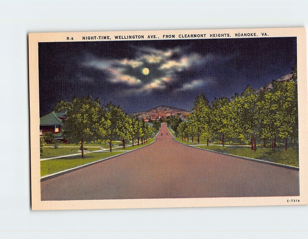 Postcard Night Time Wellington Avenue Roanoke Virginia USA