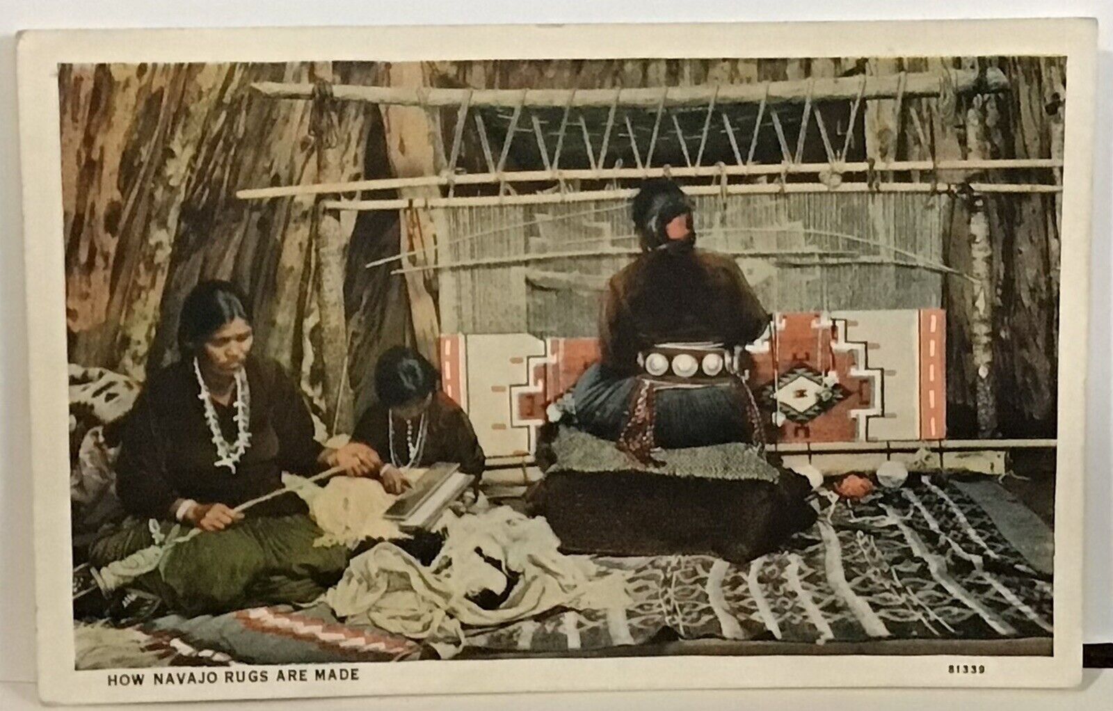 VIntage Postcard-How Navajo Rugs are made, three ladies making rugs