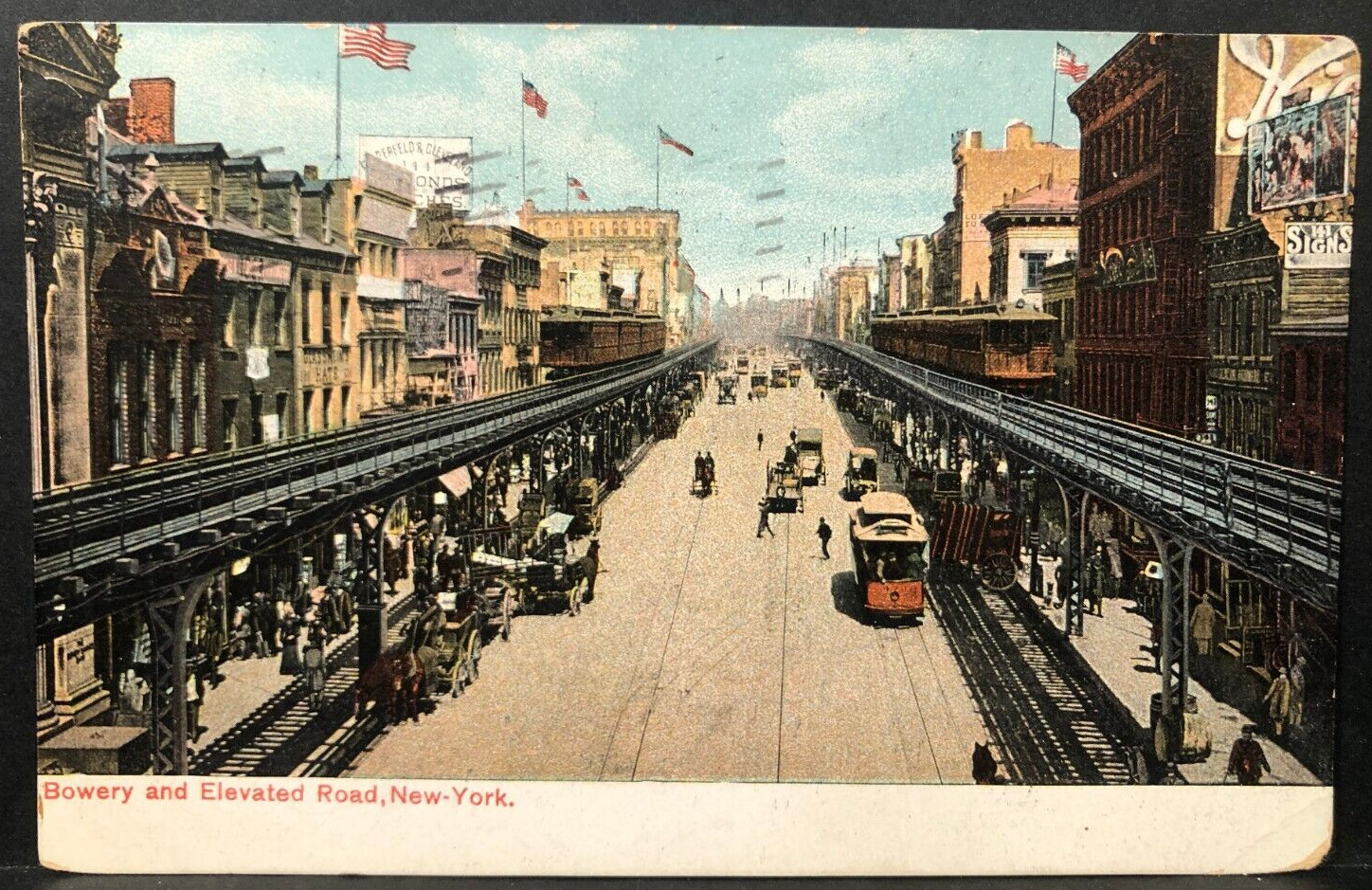 Bowery Elevated Road NY NYC Train Manhattan Antique Vtg Postcard Posted 1909