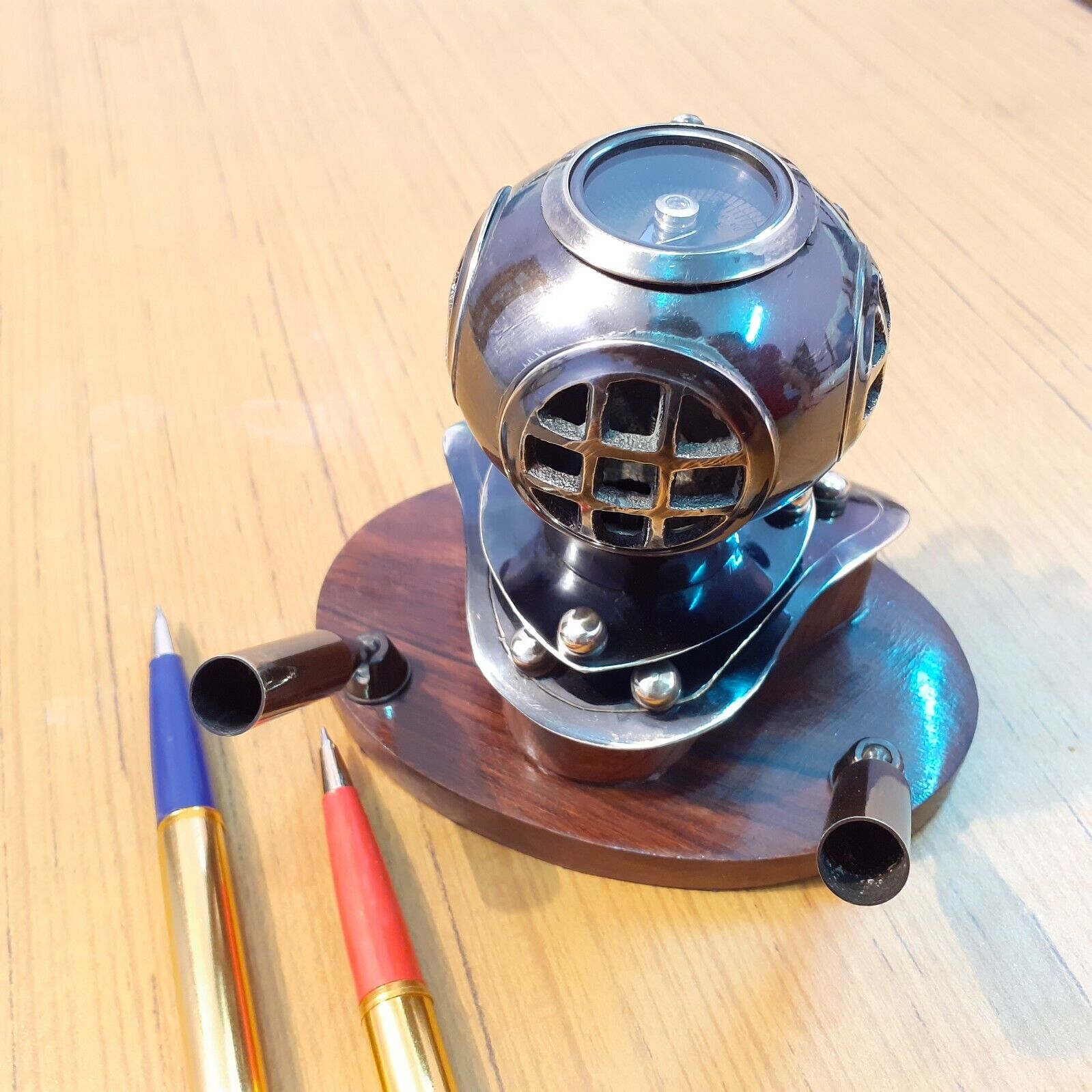 Antique Brass Pen Holder Diving Helmet With Compass Beautiful Table Top Item
