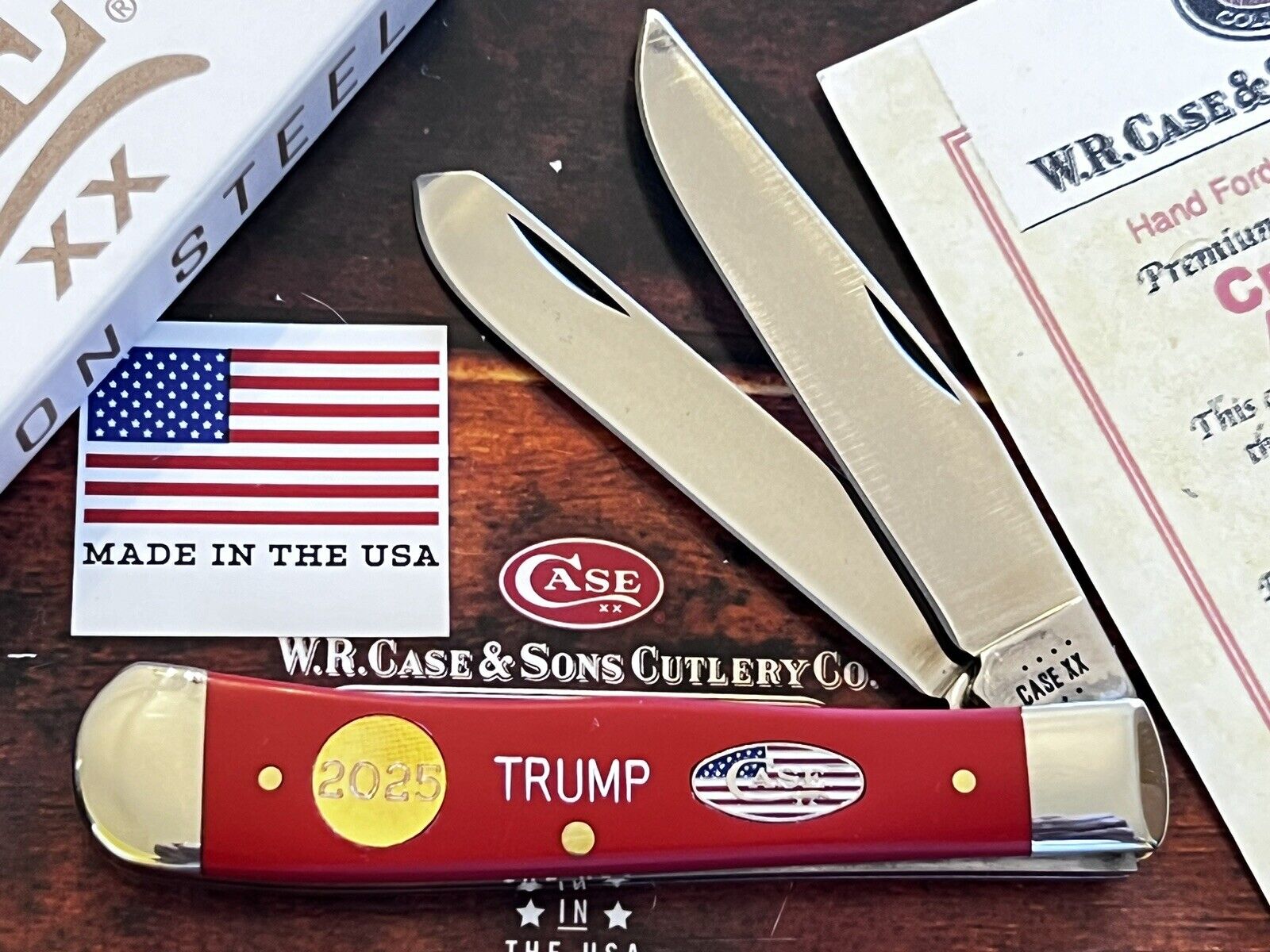 CASE XX USA TRUMP A1 PATRIOT Inlaid 24K PLATED 2025 Shield/RED Trapper Knife New