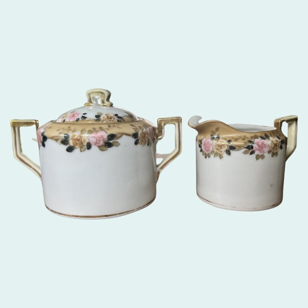 Antique 1910 Handpainted Nippon Sugar w/Lid & Creamer Pink Yellow Floral & Gold