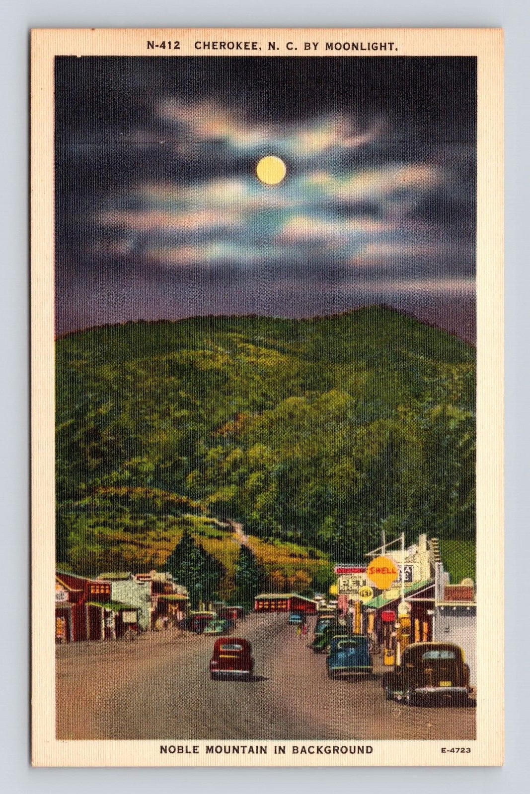 Postcard Cherokee NC Night Scene Noble Mountain  Cars Old Shell Gas Sign 1940s
