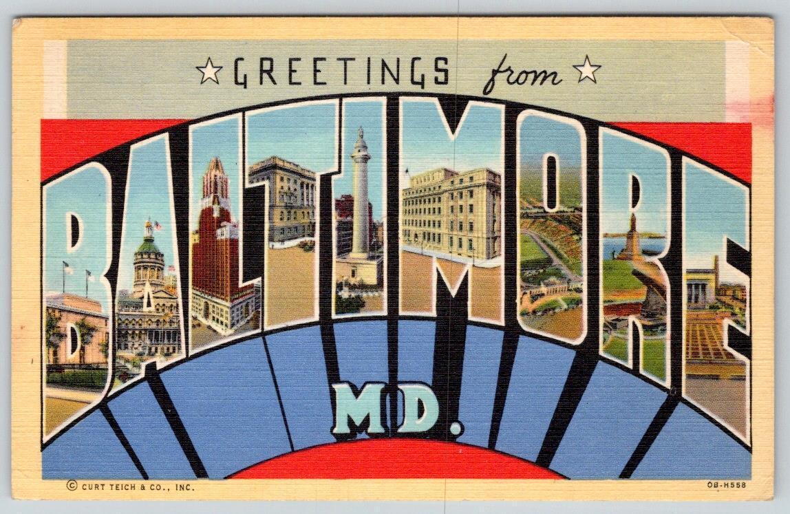 1946 GREETINGS FROM BALTIMORE MARYLAND MD VINTAGE LARGE LETTER LINEN POSTCARD