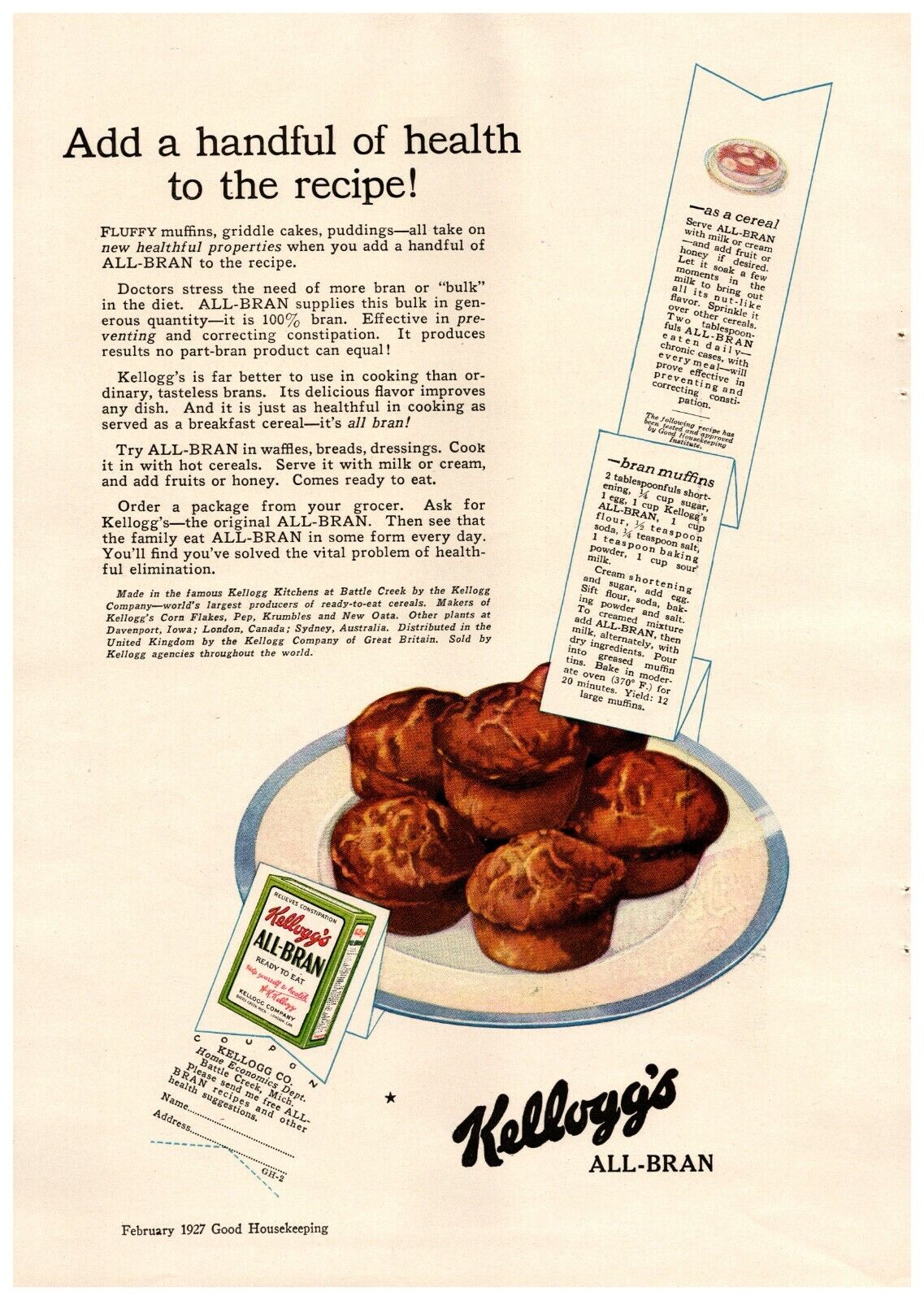 1927 Kellogg\'s All Bran Cereal Vintage Print Ad Add A Handful Of Health 