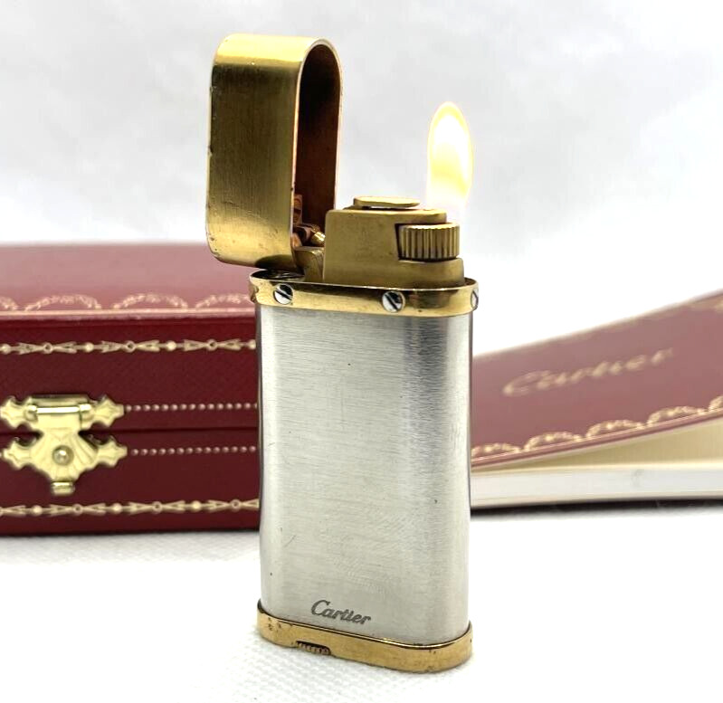 WORKING Cartier Vintage Lighter Silver Gold Case Box