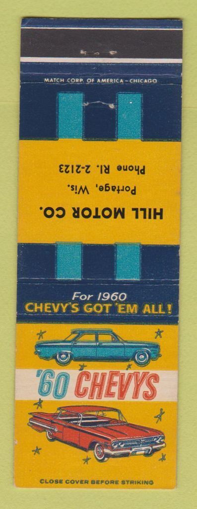 Matchbook Cover - 1960 Chevrolet Hill Motors Portage WI
