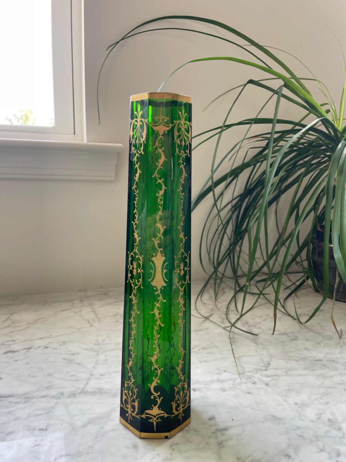 Beautiful Antique Bohemian Art Nouveau Gilt Enamel Green Glass Vase circa 1900