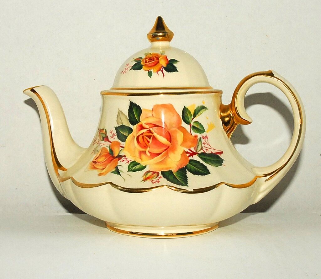 1940’s English Sadler Marquee Carousel Bell Shaped Teapot Yellow Roses-Gold Trim
