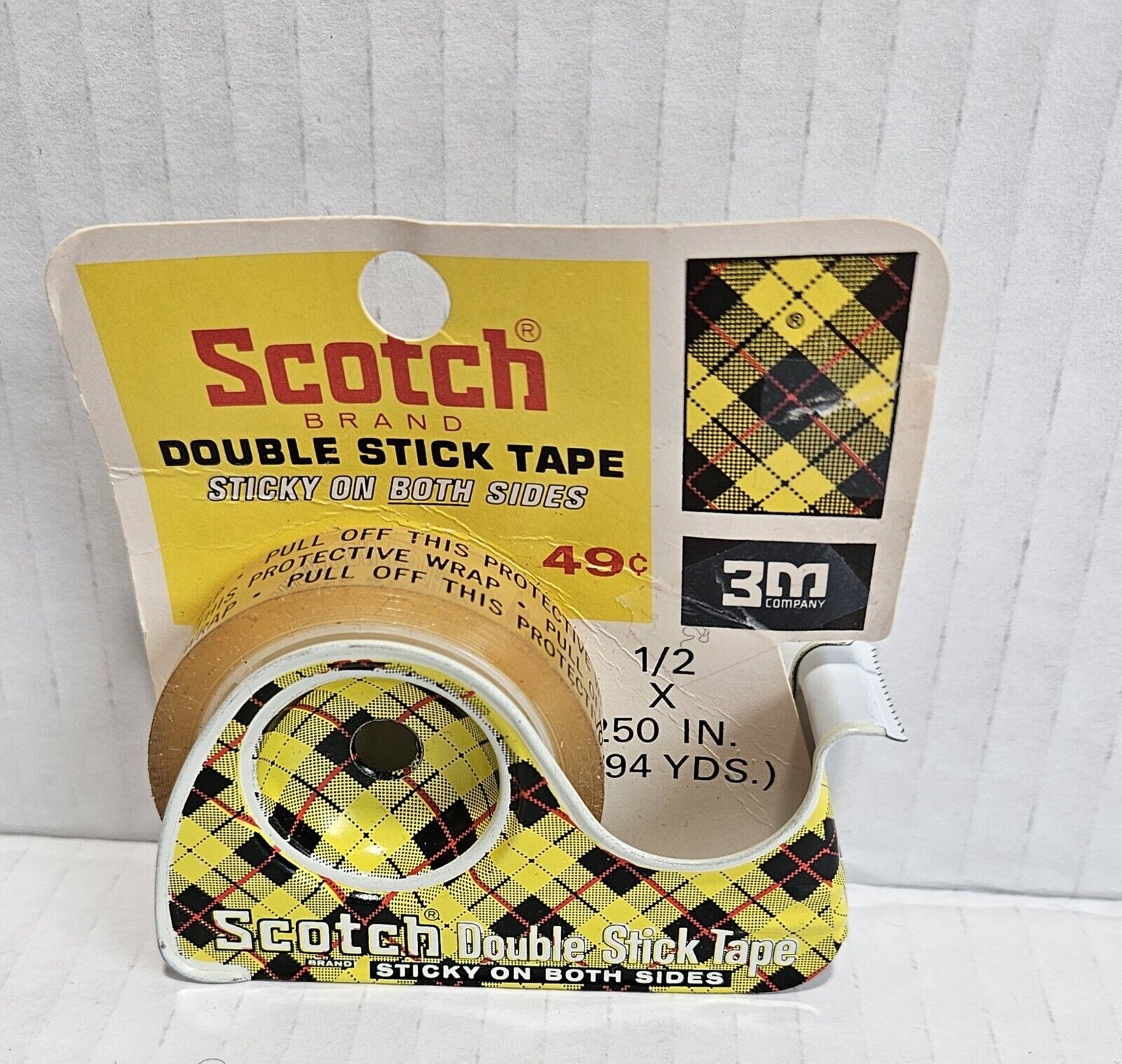 Vintage Scotch Double Stick Tape Metal Dispenser Yellow Plaid 3M Co #136 