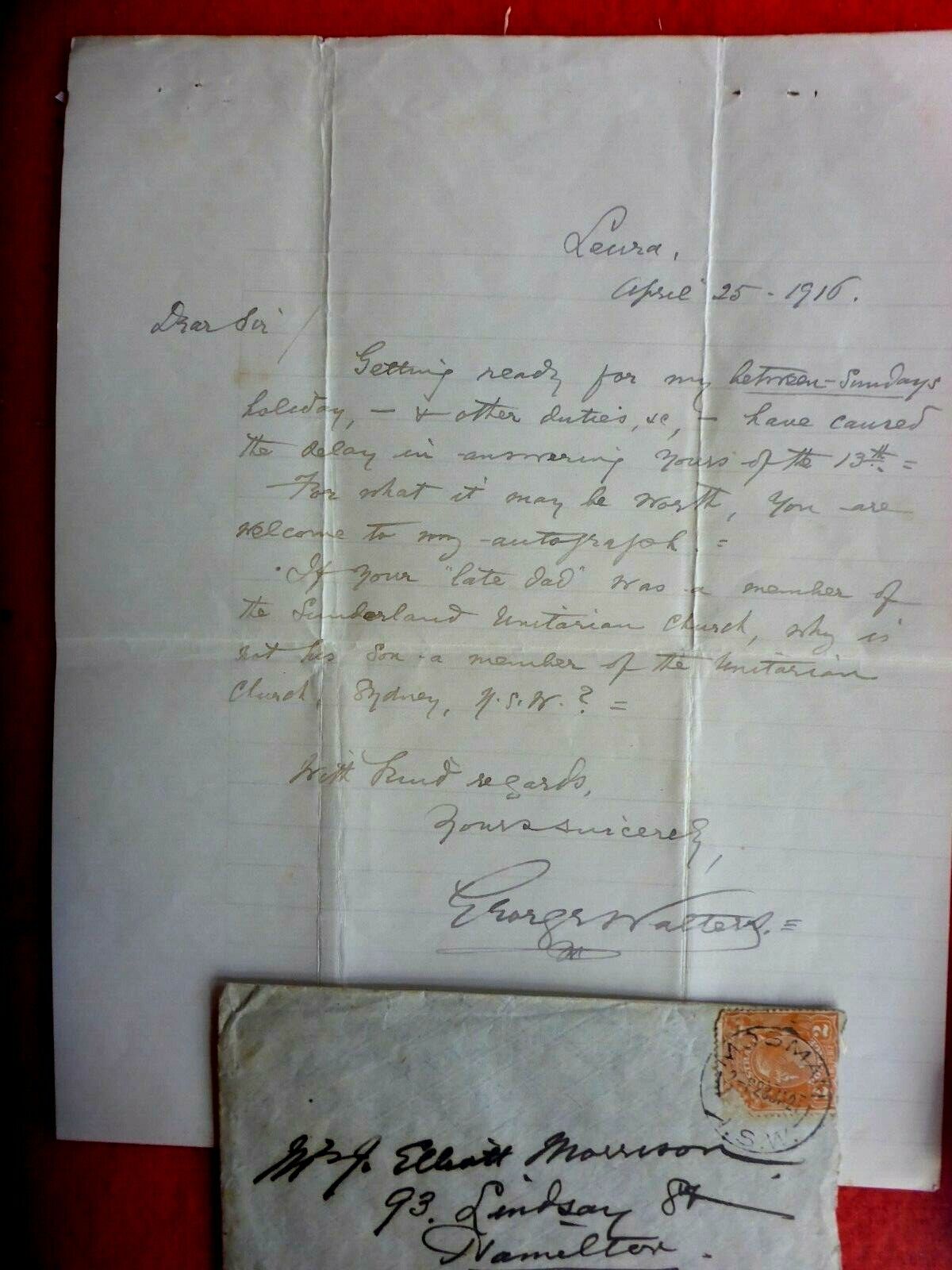 GEORGE WALTERS   HAND SIGNED LETTER 1916 LEURA  WITH MAIL ENVELOPE