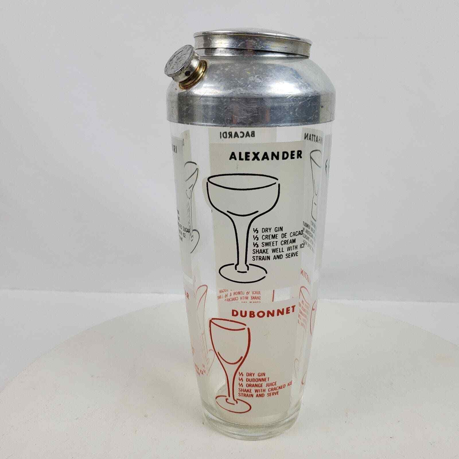 Vintage 1970s Mixed Drink Shaker Mixer w/ 8 Recipes On Glass 9 Inch