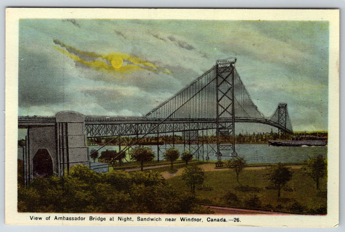 c1910s Ambassador Bridge Night View Sandwich Canada Antique Postcard