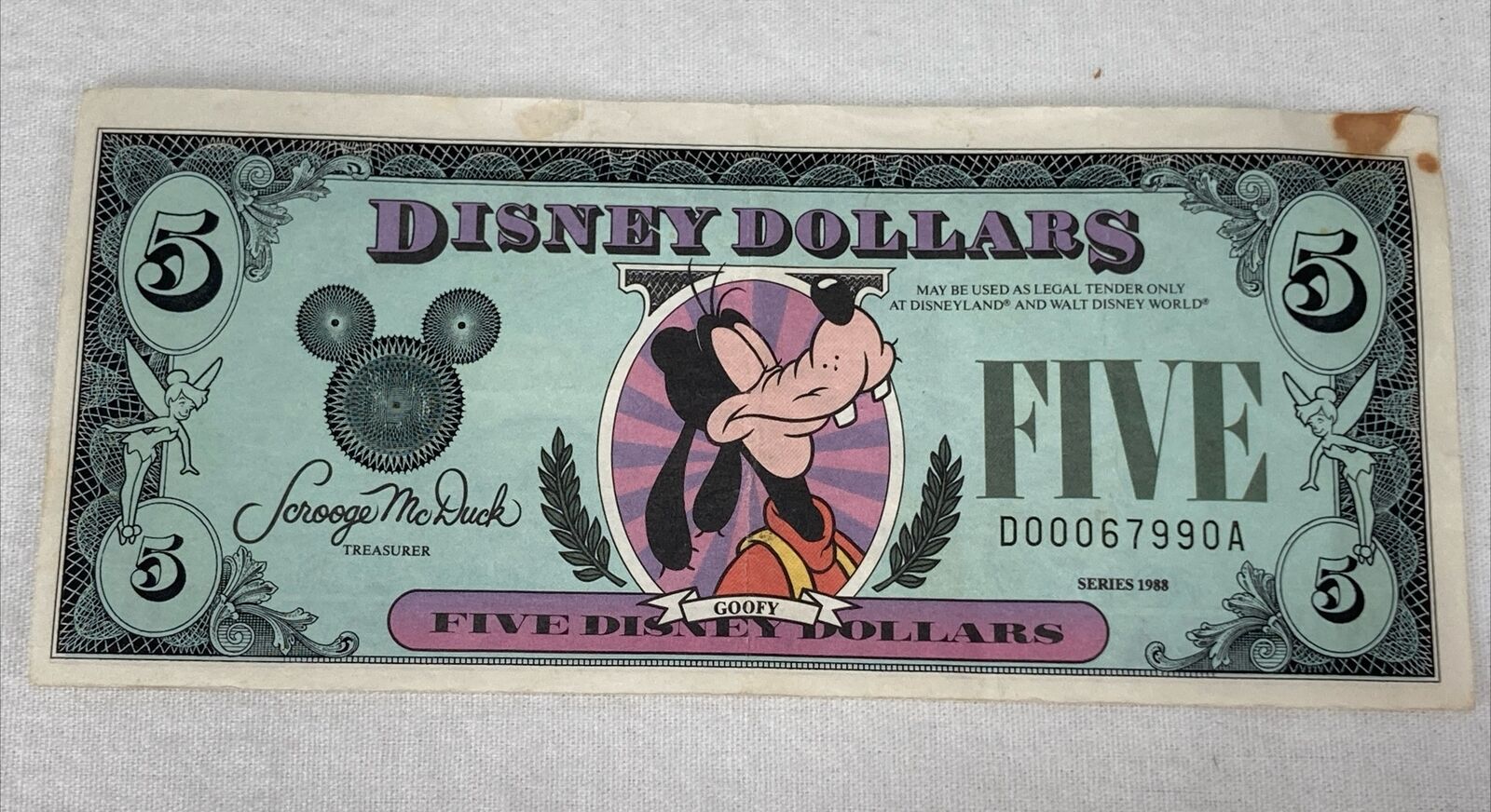 Vintage 1988 Disney Dollar Goofy A Series Bank Note $5