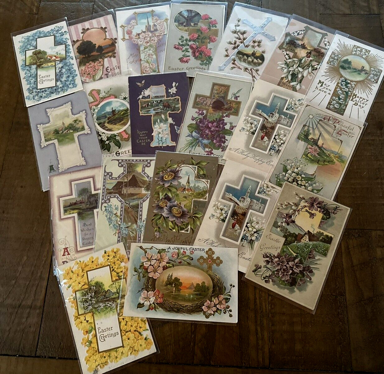 Lot of 22 ~Easter Crosses with ~Scenes & Flowers~Cross Postcards-in Sleeves~k691