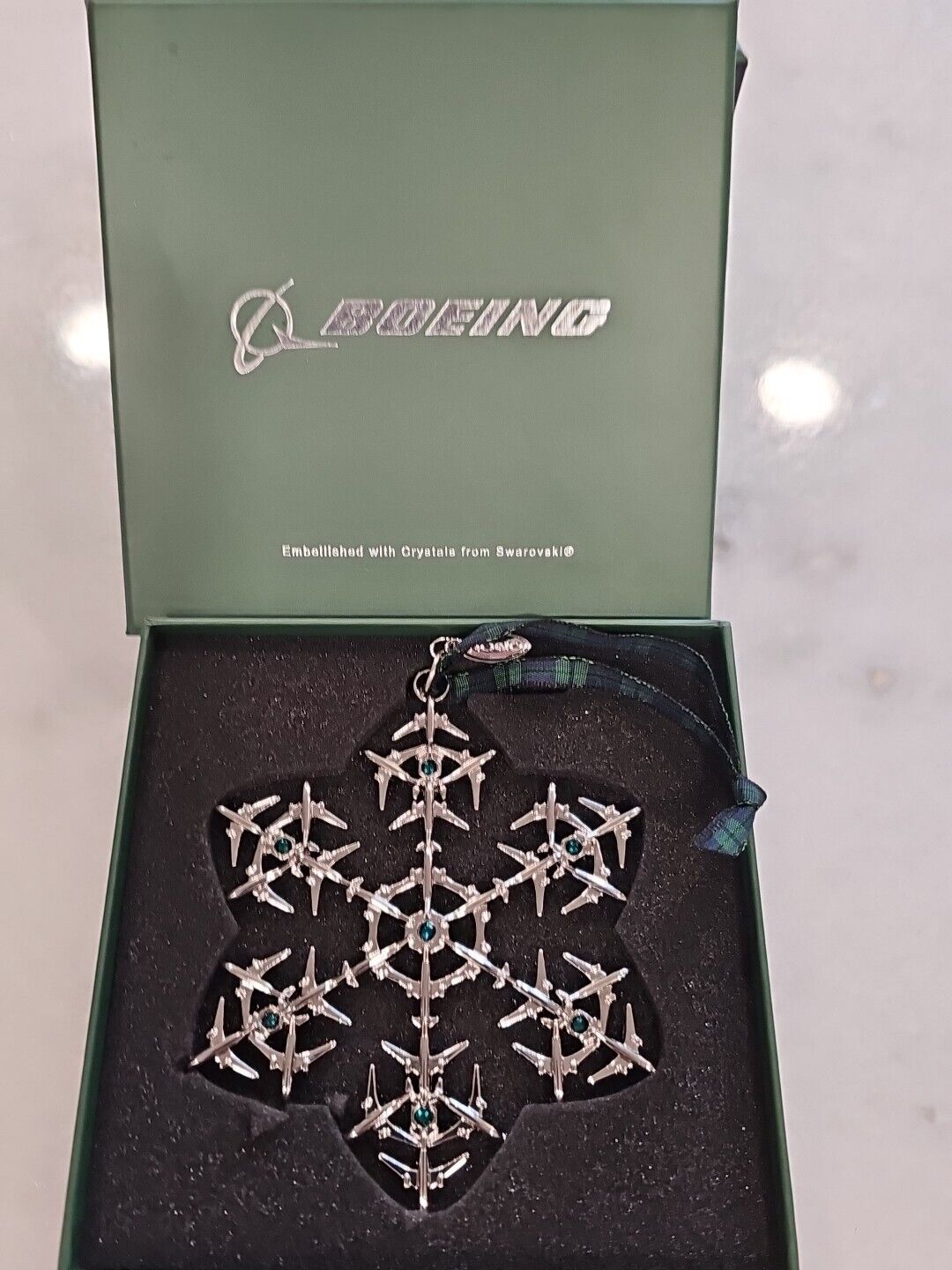 BOEING 2020 Jet Snowflake Green Swarovski Crystals Christmas Ornament