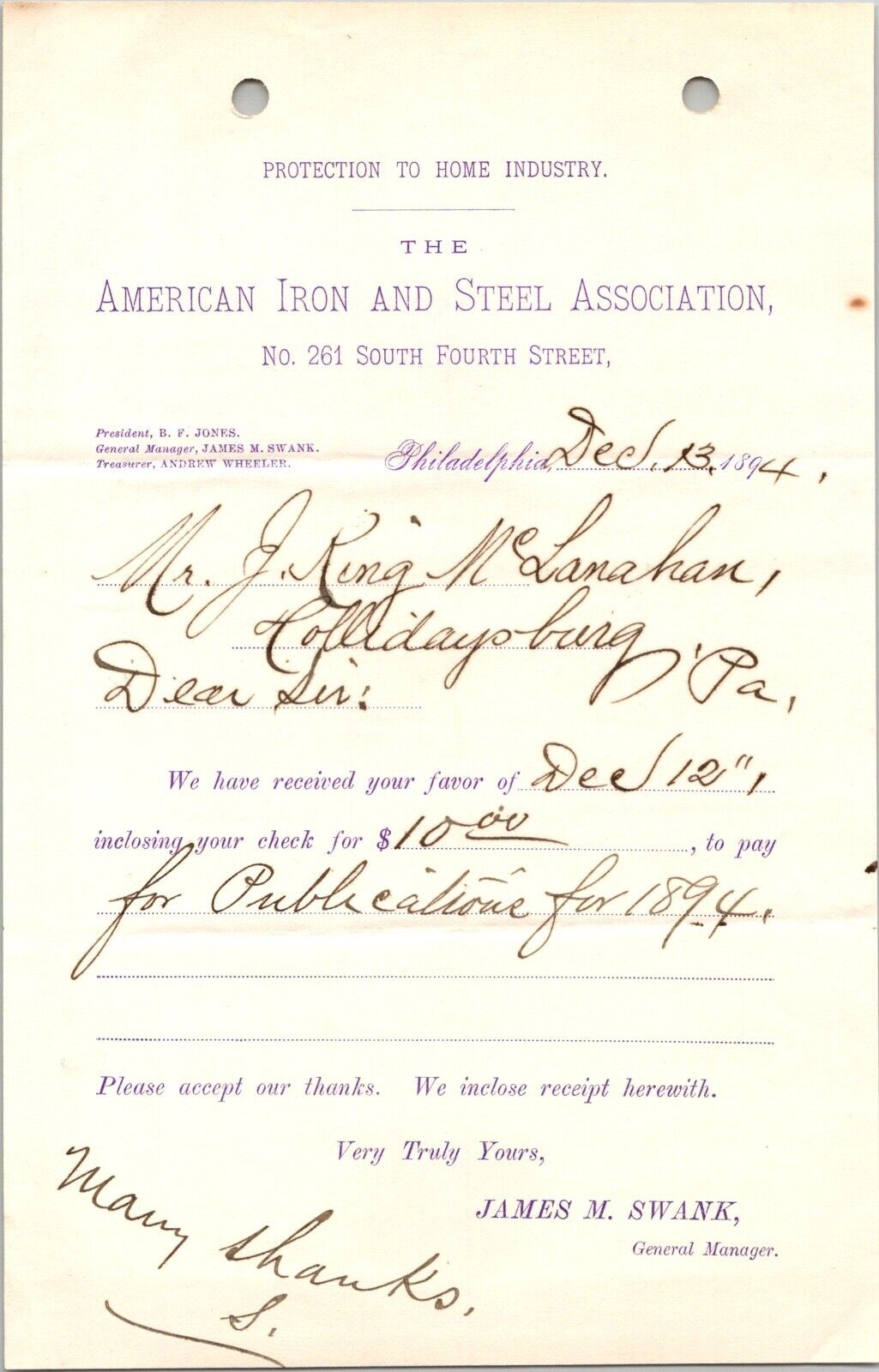 1894 AMERICAN IRON & STEEL ASSOCIATION Handwritten Billhead PHILADELPHIA PA