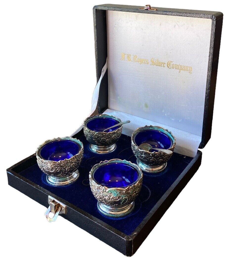 Vintage F B Rogers 4 Silver Plate Salt Cellars Cobalt Inserts with Spoons & Case