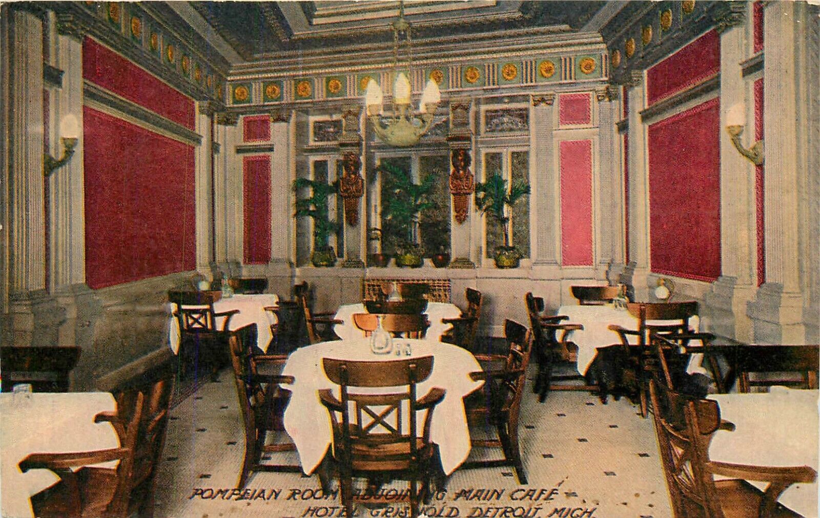1913 Hotel Griswold Pompeian Room, Interior View, Detroit, Michigan Postcard