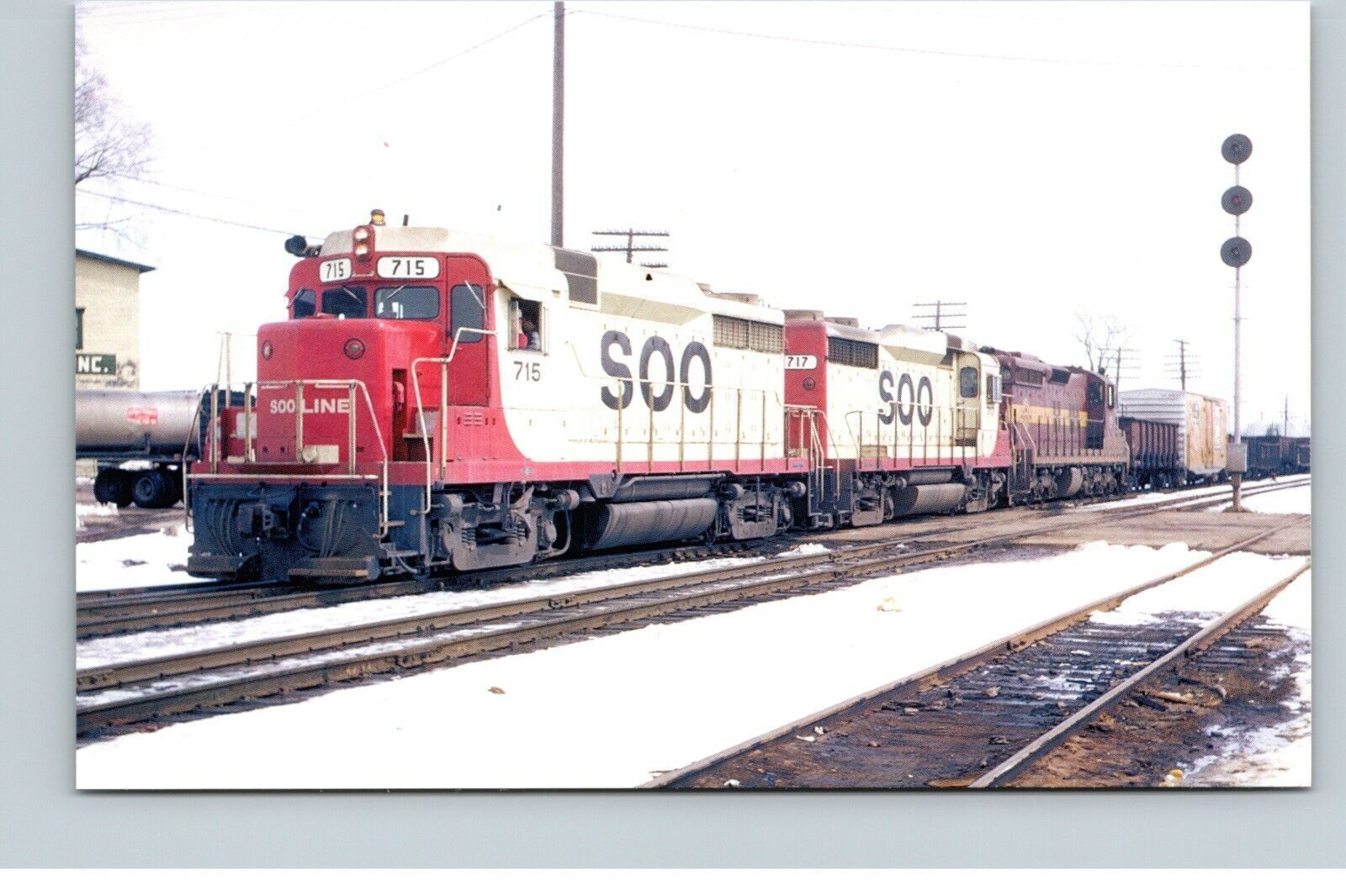 Postcard Soo Line GP30\'s #715 &717 Train Diesel Old White & Red Paint WI 1977