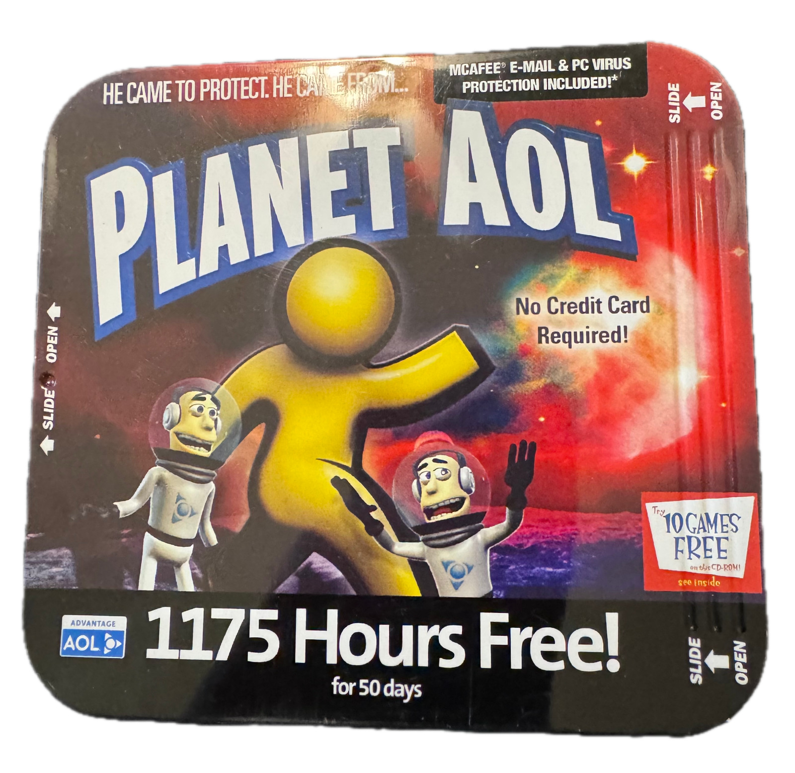 Vintage 2004 Planet AOL CD ROM AOL 1175 Hours, 10 Games Free, Unused, Metal Case