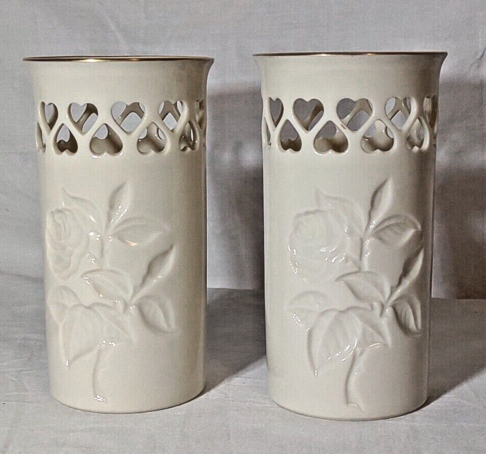 LENOX Heart Pierced Vase Set of 2 Ivory 24K Gold Trim with Embossed Roses