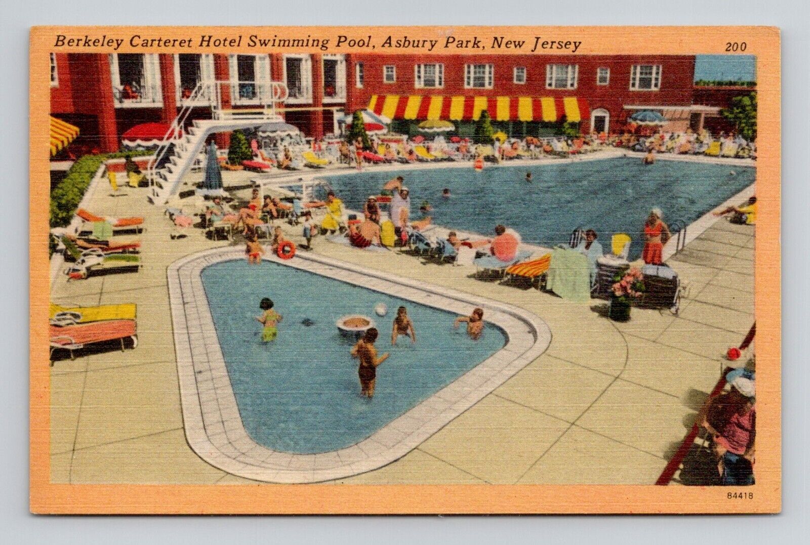 Postcard Berkeley Carteret Hotel Pool Asbury Park New Jersey, Vintage Linen J13