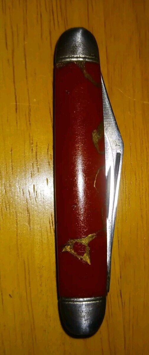 Vintage HAMMER BRAND 1945-1955 2 Blade Pocket Knife Red Gold Handle Rare USA