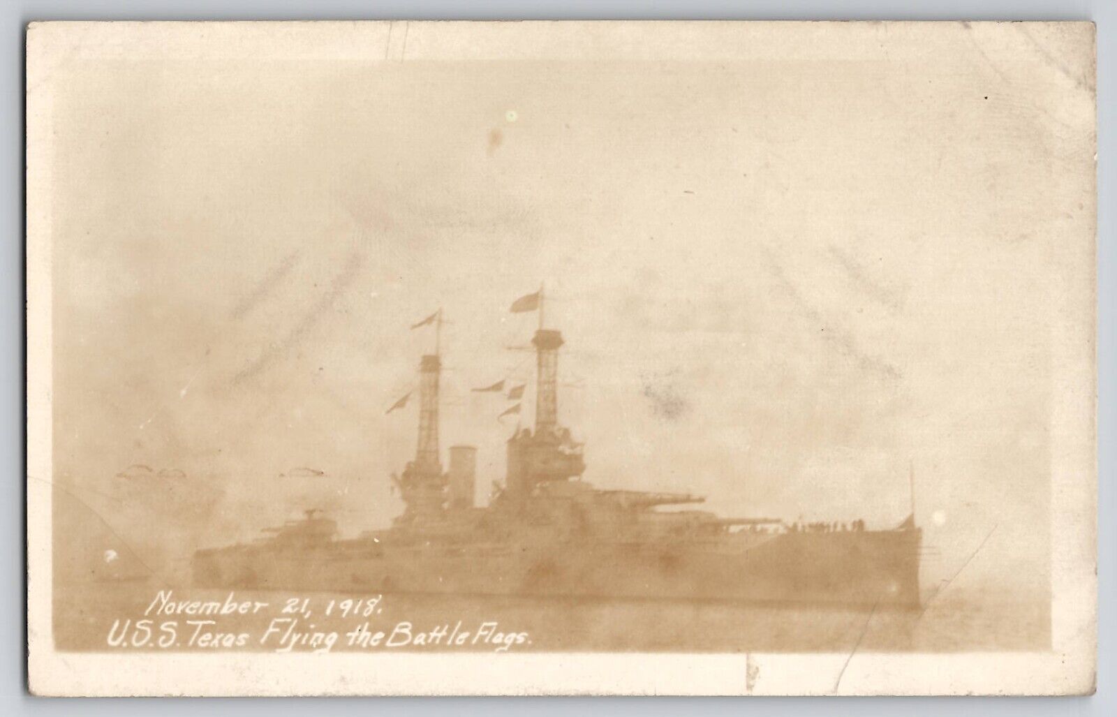 USS Texas RPPC Real Photo Postcard WWI WW1 Battleship 1918 Flying Battle Flags