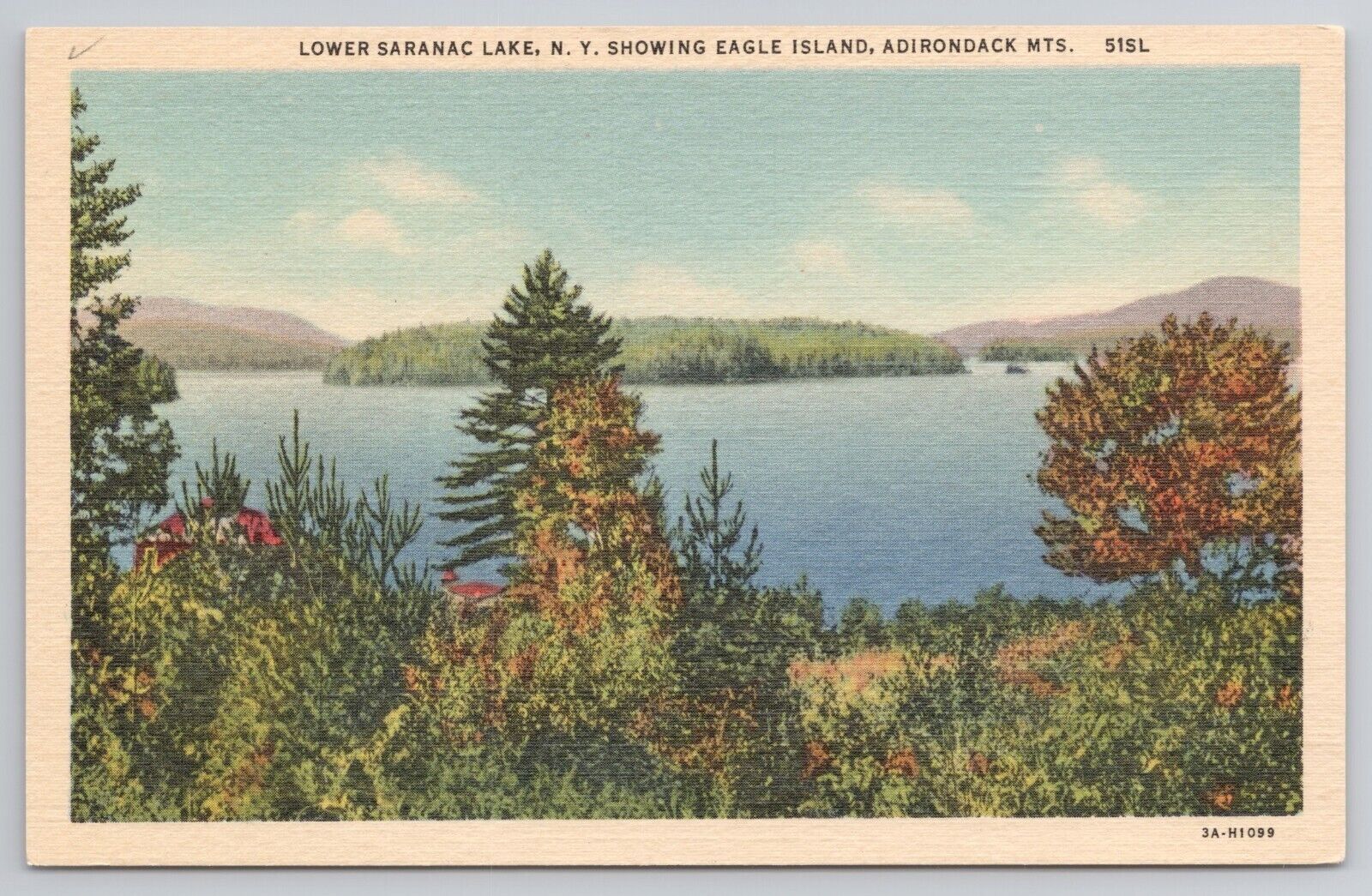 Lower Saranac Lake Eagle Island Adirondacks New York NY 1930s Postcard