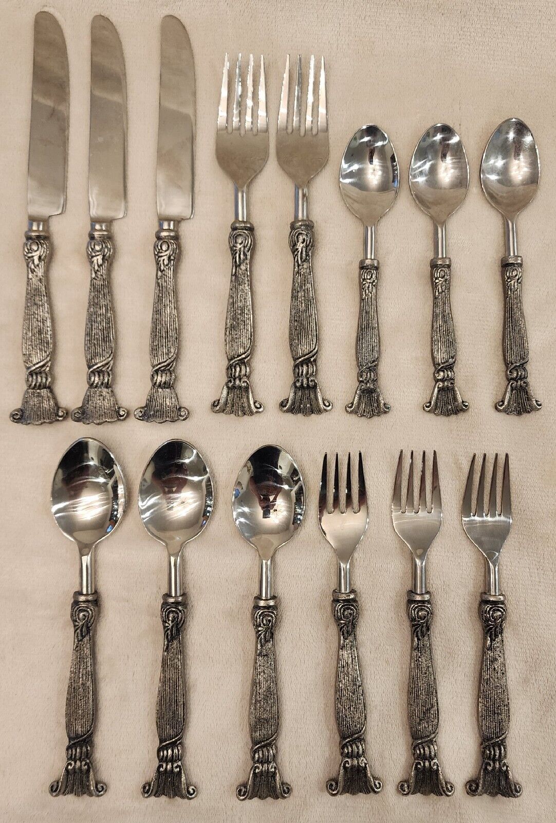 Victorian Brutalist Sandcast Unmarked Stainless Flatware Set Of 14 Pieces Total