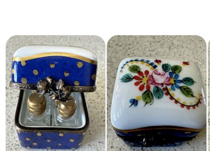 Limoges France Peint Main Handpainted Box W/4 Mini Perfum Scent Bottles