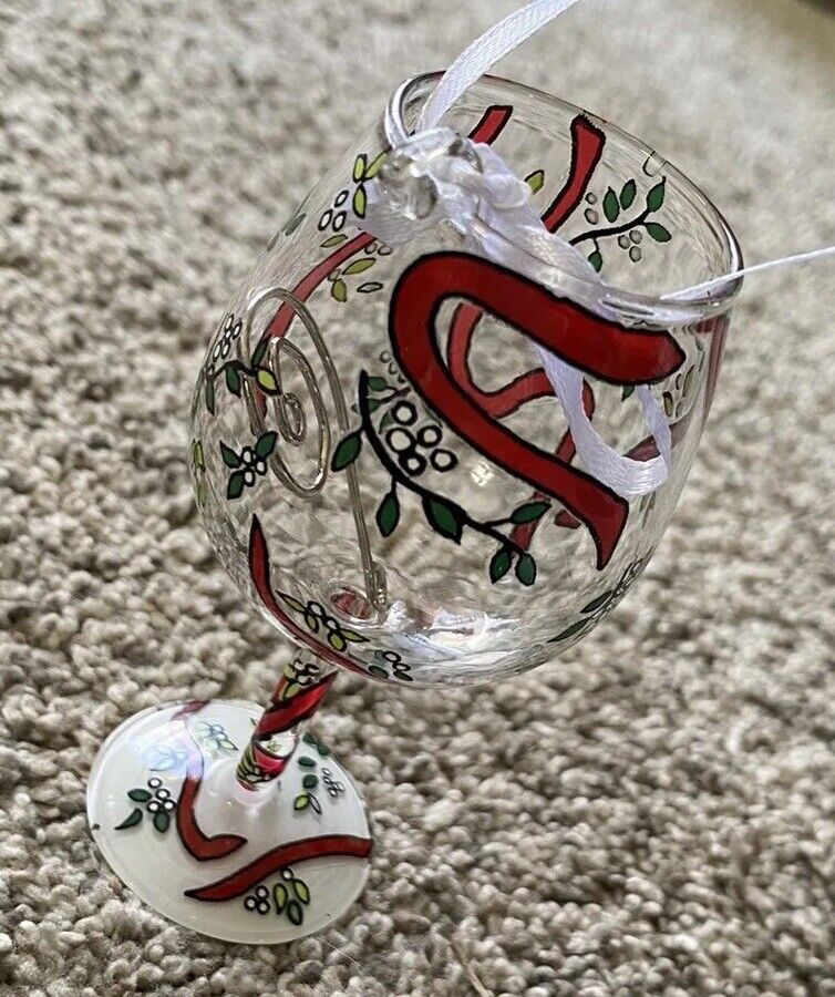 Lolita mini wine glass hand painted Kiss Me glass ornament Holiday Ribbon Design