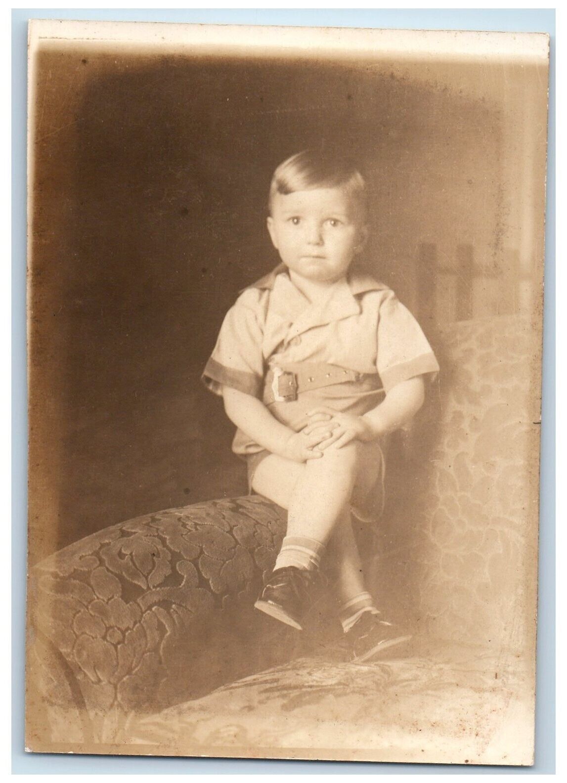 Handsome Little Boy Sat On Couch Edge Unposted Vintage RPPC Photo Postcard