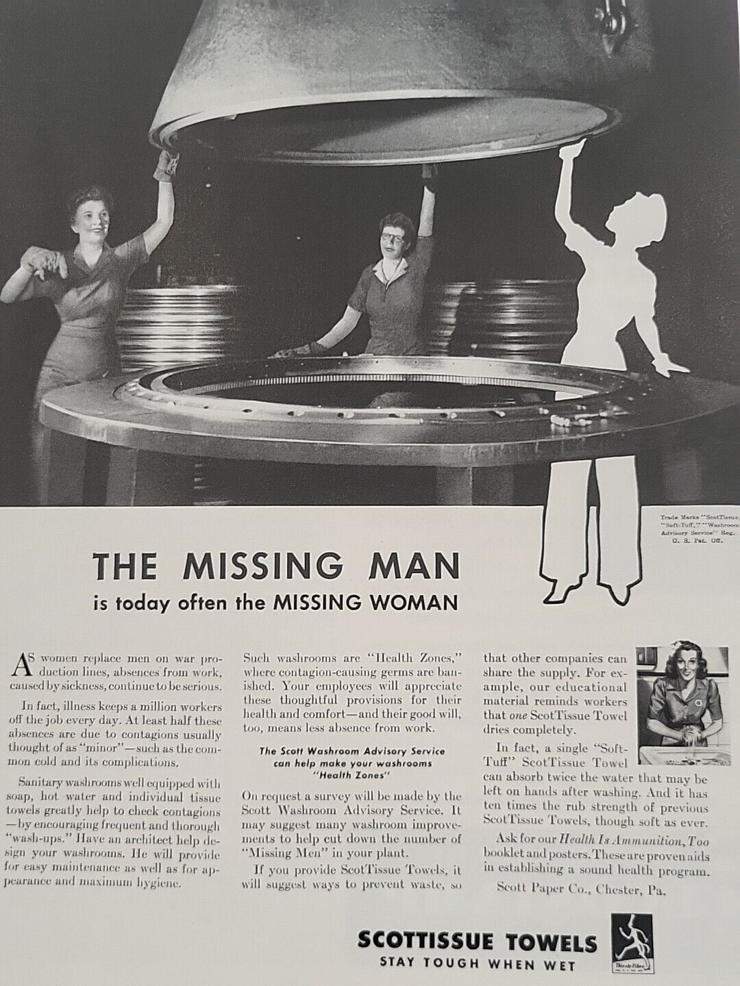 1943 Scott Tissue Fortune WW2 Print Ad Homefront Working Women War ScotTissue
