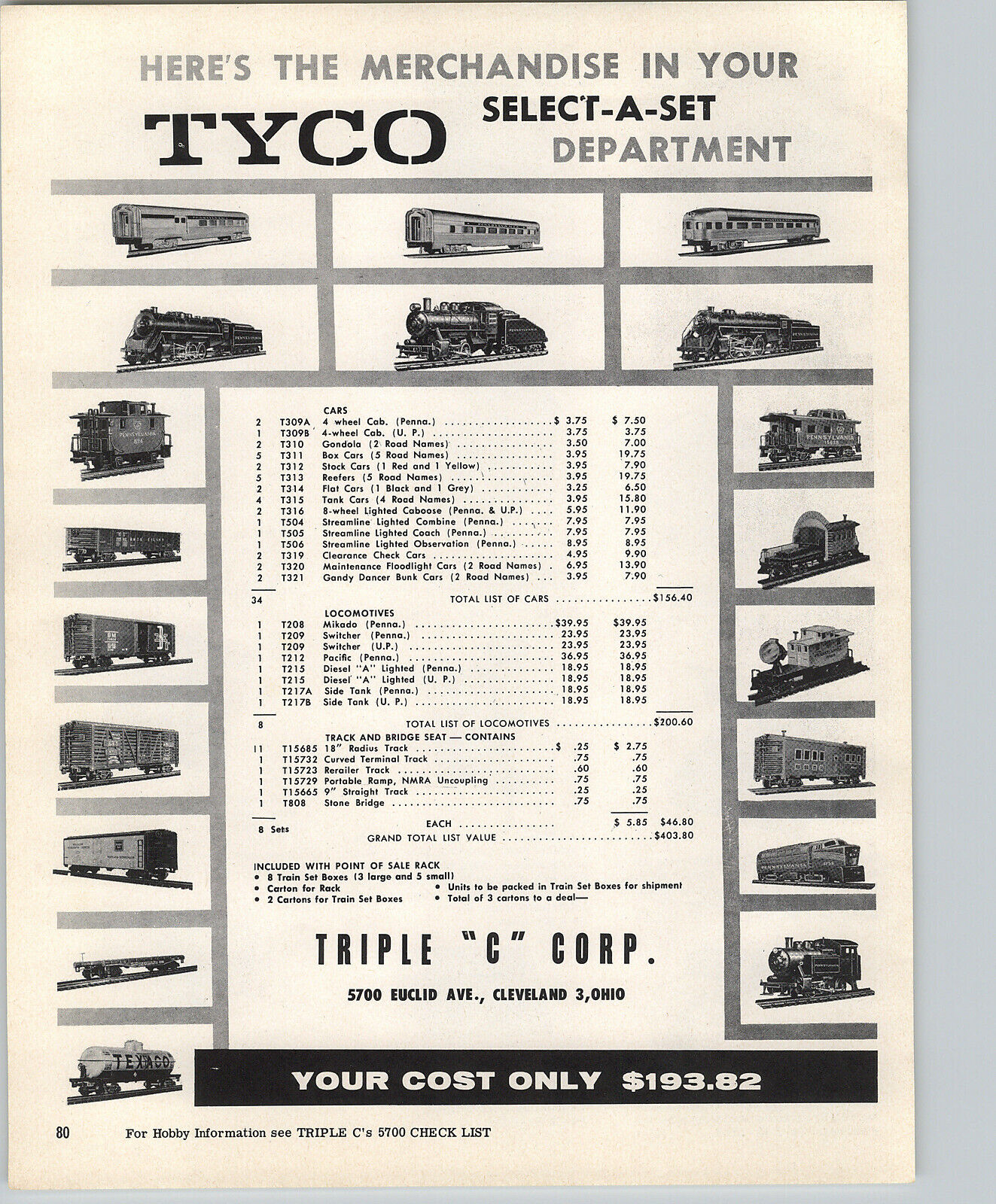 1958  Paper Ad Toy Train Tyco Select-A-Set Gondola Combine Locomotive Mikado