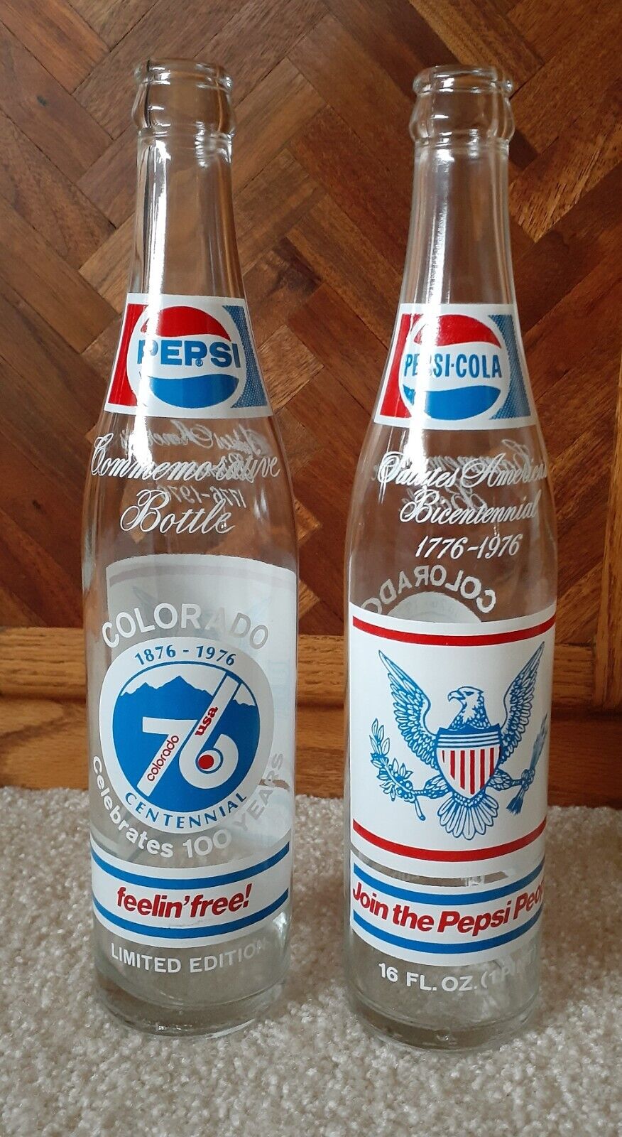 2 Vintage 1976 PEPSI Glass Bottles COLORADO\'S CENTENNIAL & USA\'S BECENTENNIAL