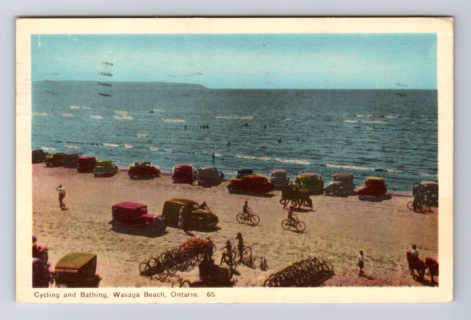 Wasaga Beach Ontario-Canada, Cycling And Bathing, Vintage c1951 Postcard