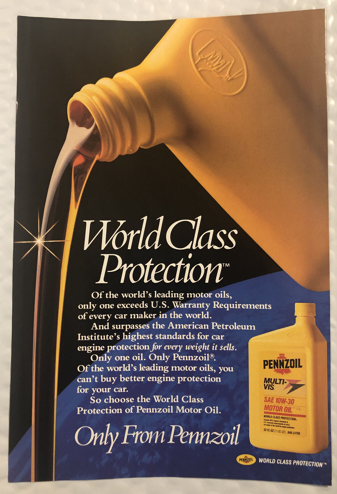 Vintage 1988 Pennzoil Original Print Ad Full Page - World Class Protection