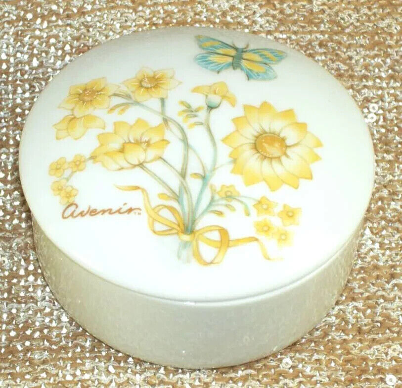 Mary Kay Avenir Art Deco Yellow Floral Dish & Lid w Potpourri COMPLETE BOXED SET