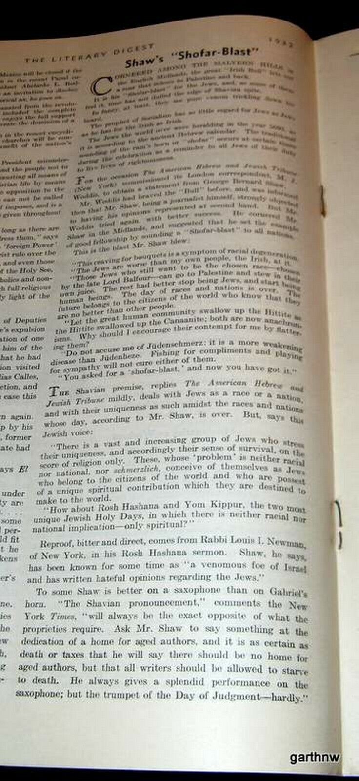 GEORGE BERNARD SHAW 1932 OPINION OF JEWS FEATURE: HIS TAKE ON THE JEWISH PEOPLE