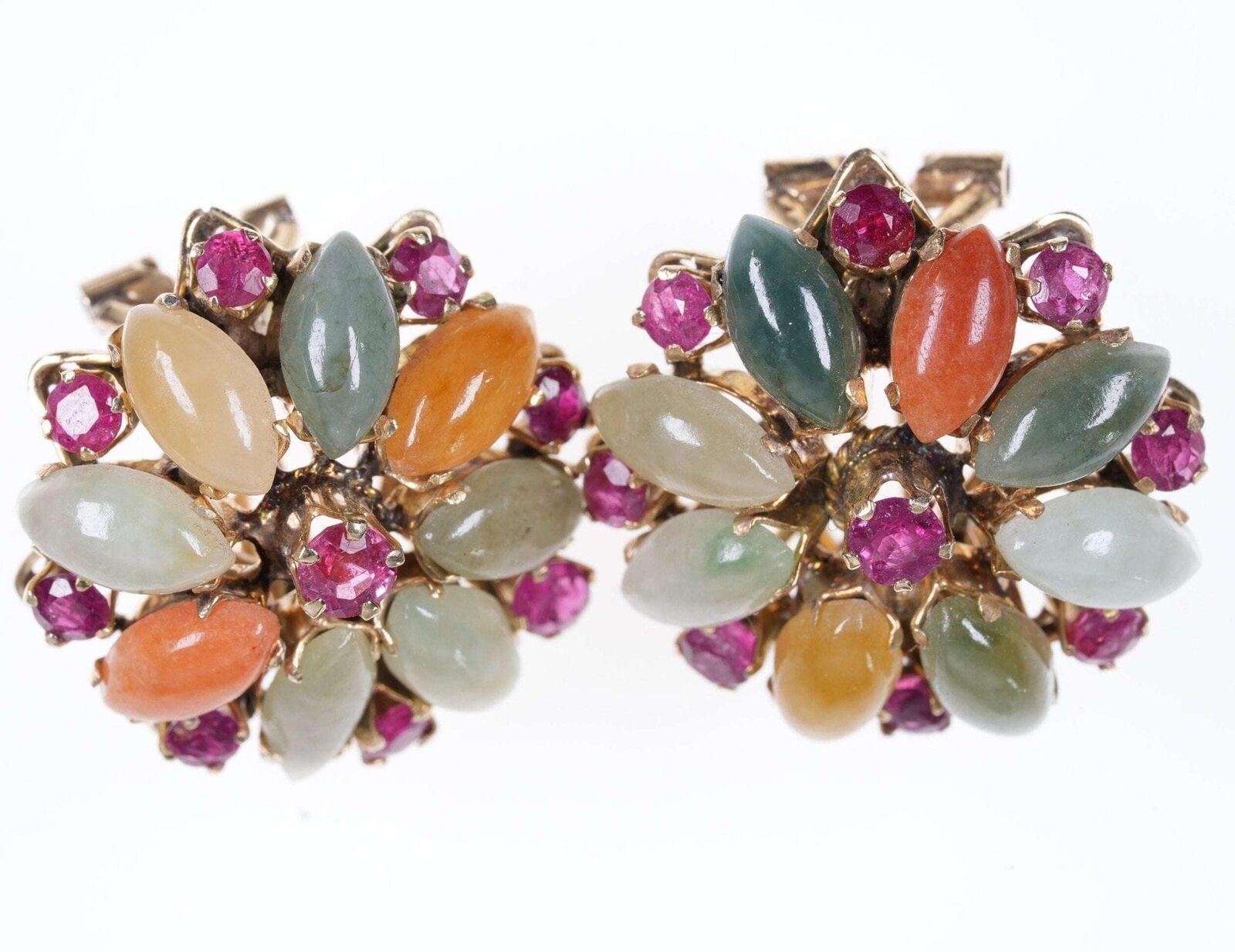 Vintage 14k gold Ruby and Multicolor Jade earrings