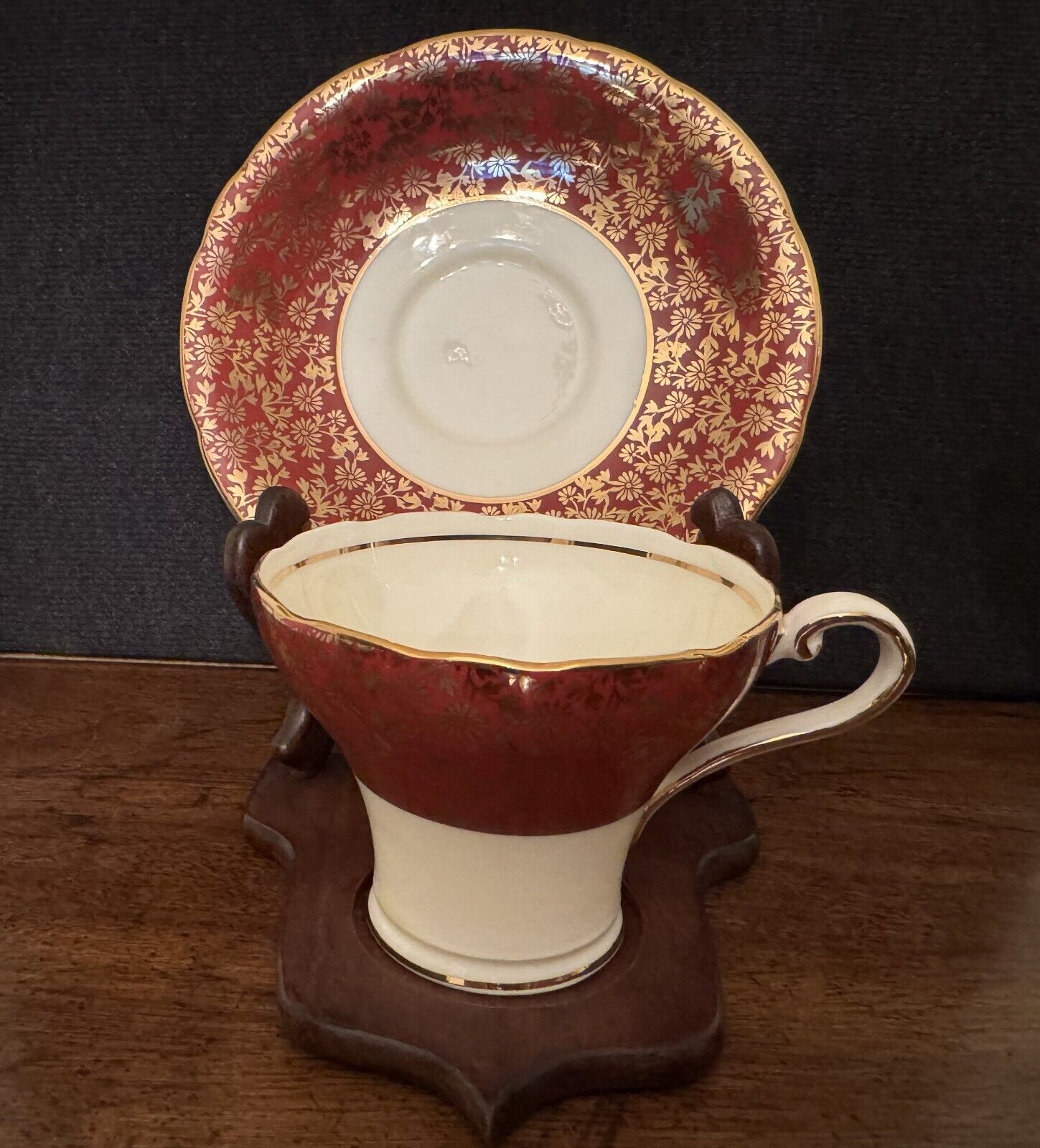 Vintage Aynseley Red with Gold Flowers Tea Cup & Saucer with Stand
