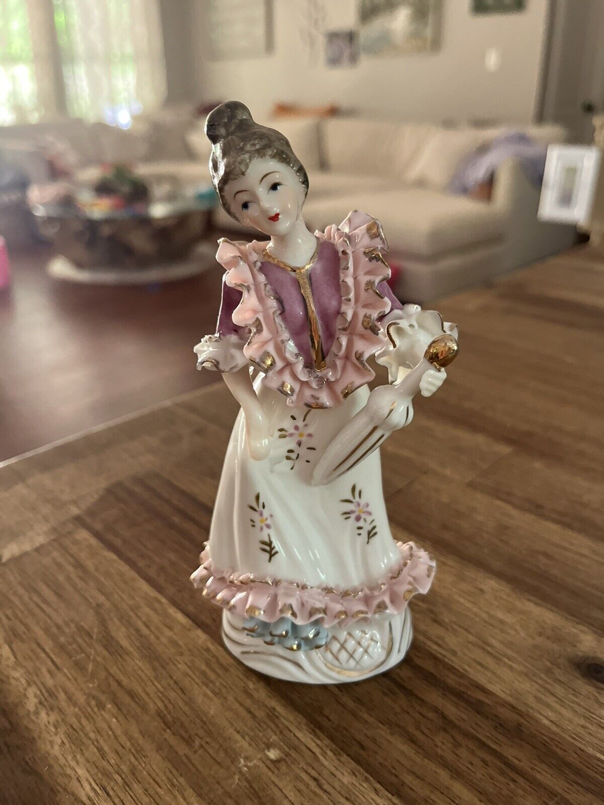 6” Vintage Japan Victorian Colonial Woman w Flowers Porcelain Figurine