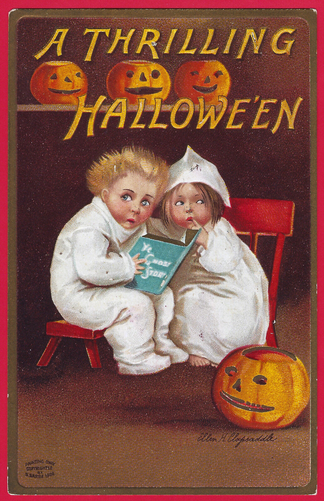 Clapsaddle Halloween Children 4 JOLs Bedtime Ghost Stories A/S Antique PC Emb Ex