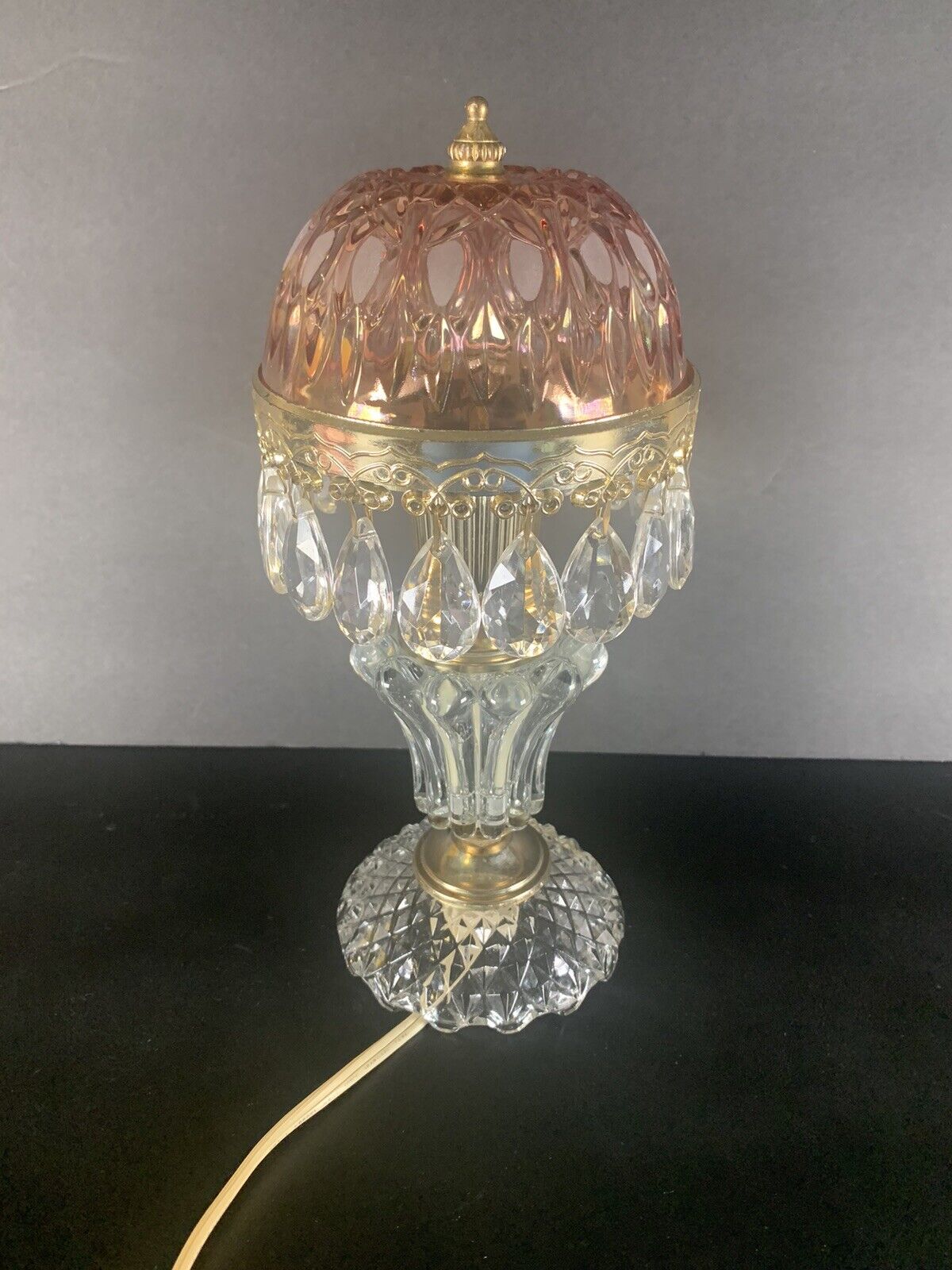 Vintage Michelotti style Boudoir Lamp with Pink Glass Shade & Clear Prisms