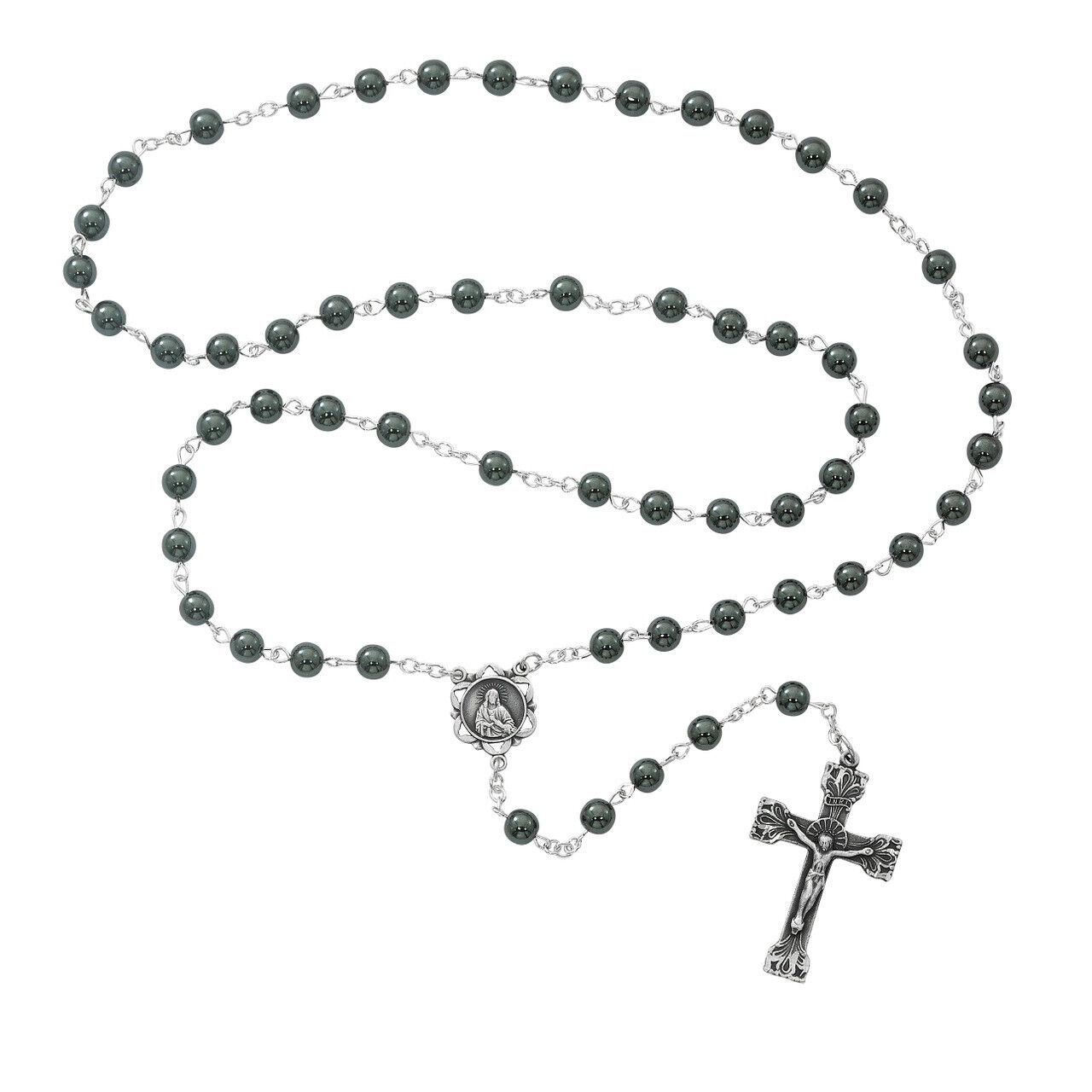 Genuine Hematite Bead Rosary Pewter Center And INRI Crucifix Rosaries 6mm Beads